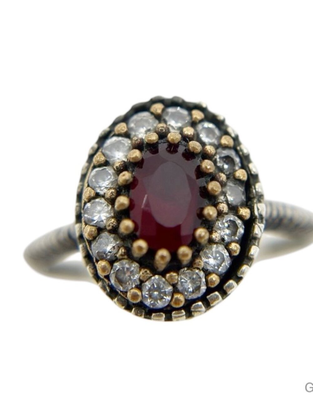 Turkish sterling silver glass ruby & cubic zirconia ring - GM314